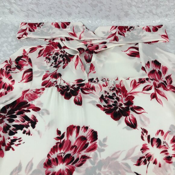 DKNY Floral Cream & Pink Long Sleeve Sheer Bow Tie Front Pullover Blouse Size PM - Picture 6 of 13